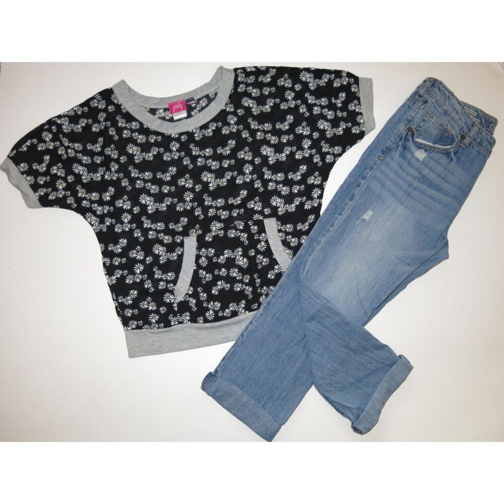 Cherokee girls outfit 14 12 Boyfriend jeans denim black daisy flower top t-shirt